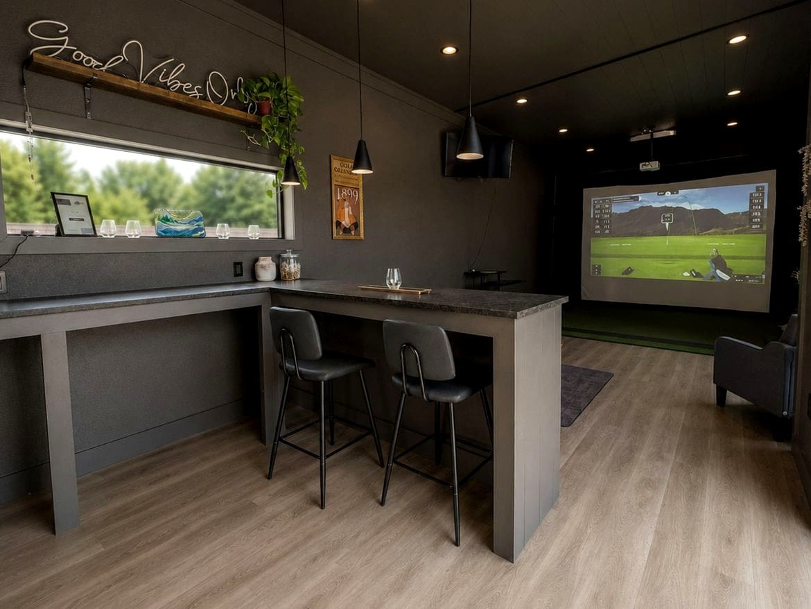 Inside the 16x36 Serenity Studio Cabin: Designed for Golf Simulators & Lounging