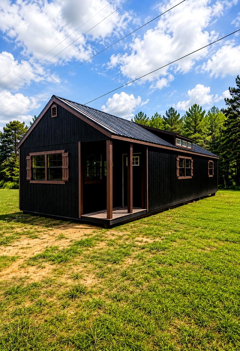 Exploring the 16x48 Portable Cabin: 768 Sq Ft with Charming Side Porch & Dormer